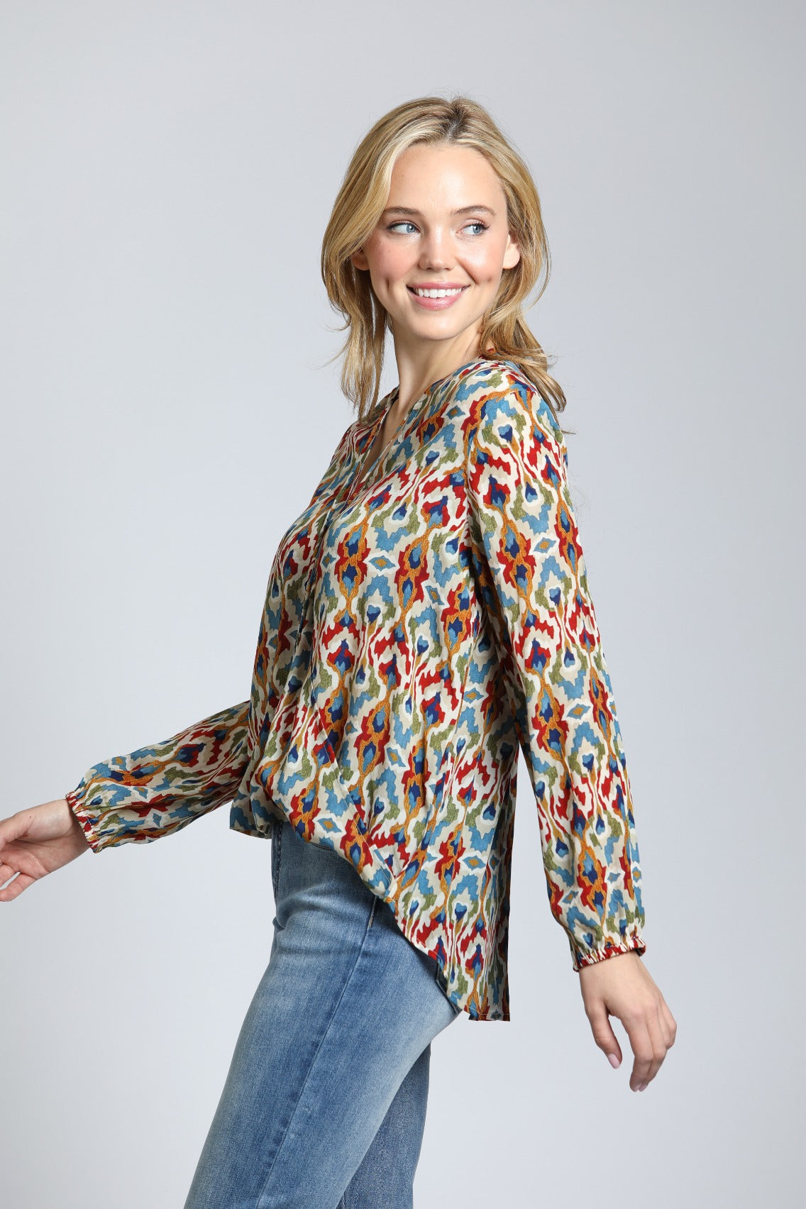 Colorful Ikat Print - Crossover Top With Tassel | left side