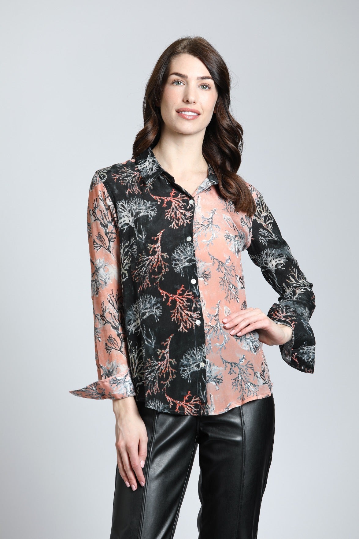 Coastal Coral Print - Button Up Top With Roll Up Tab Sleeve | front side