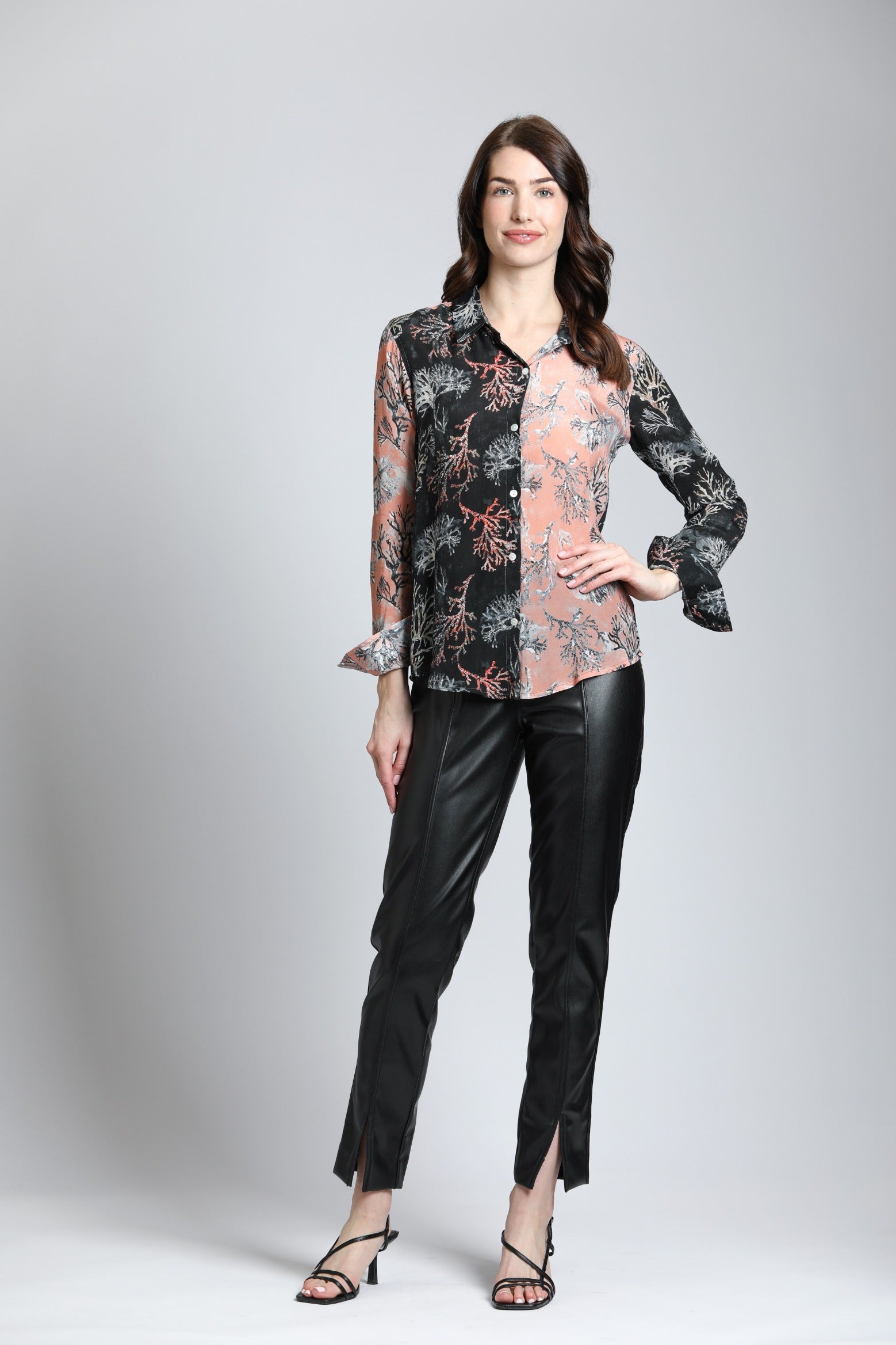 Coastal Coral Print - Button Up Top With Roll Up Tab Sleeve | front side