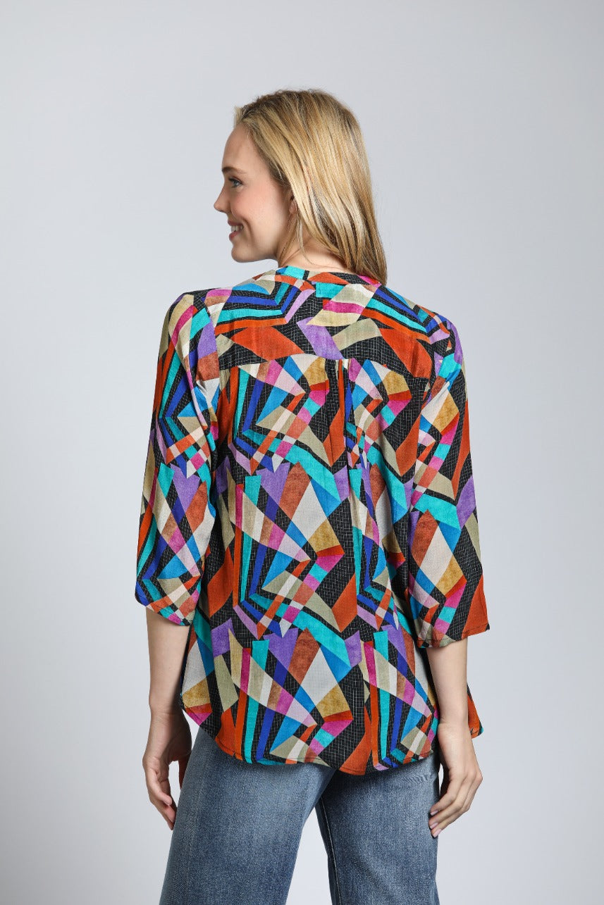 Multi-color Geometric Print - V Neck With Tassel | back side