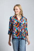 Multi-color Geometric Print - V Neck With Tassel