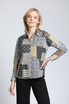 Classic Button-up Shirt with Earth Tone Patchwork Print | front side