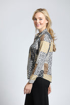 Classic Button-up Shirt with Earth Tone Patchwork Print | left side