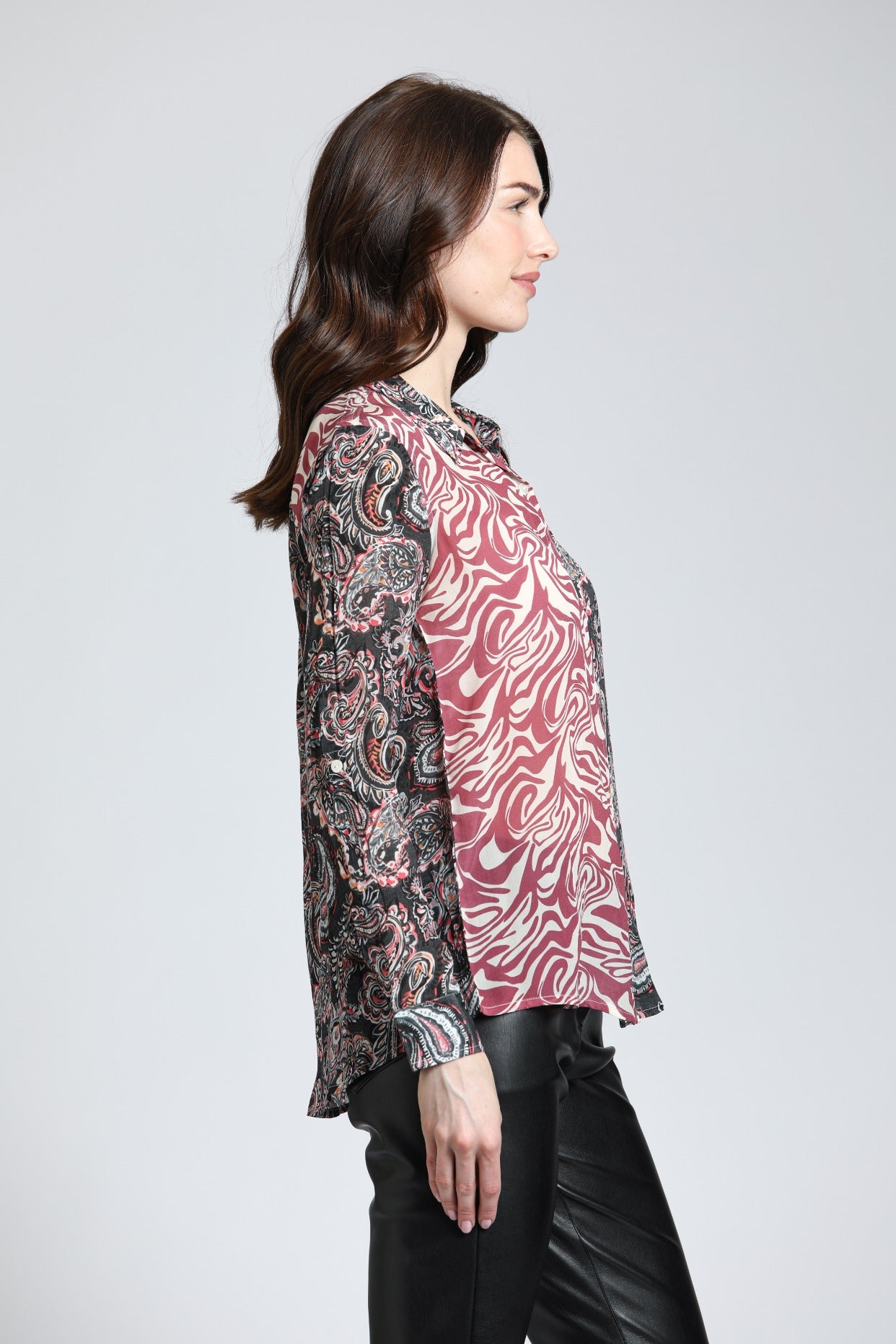 Zebra Inspired & Paisley Print Mix - Button Up Top With Roll Up Tab Sleeve | right side