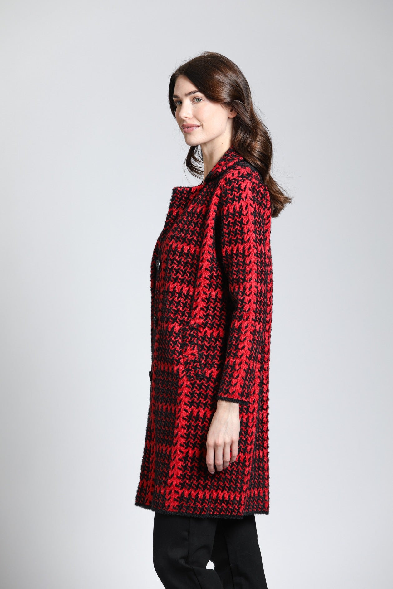 Single Breasted Plush Houndstooth Cozy Coat | left side