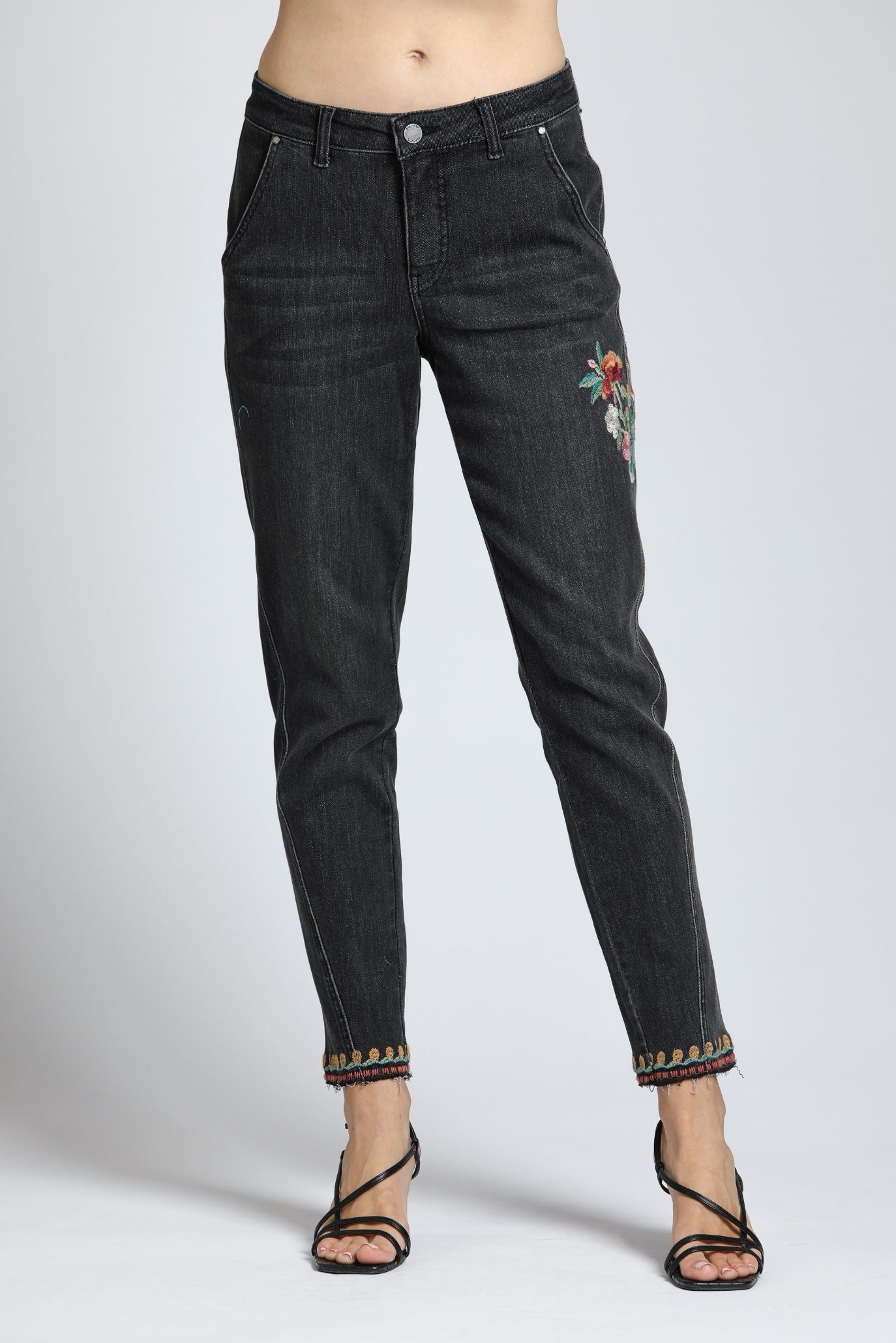 Floral Embroidered Slouchy Jeans | front side