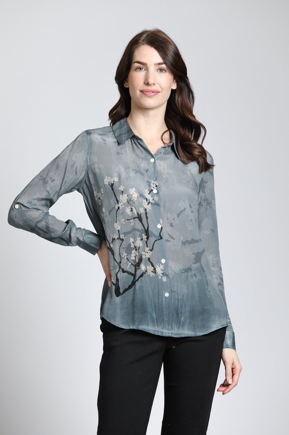 Graphite Plum Blossom Print - Button Up With Roll Up Sleeve | front side