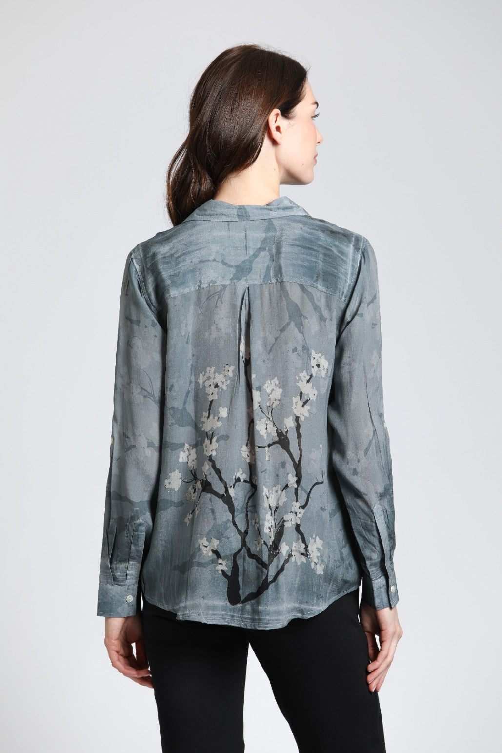 Graphite Plum Blossom Print - Button Up With Roll Up Sleeve |back side