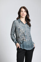 Graphite Plum Blossom Print - Button Up With Roll Up Sleeve | front side