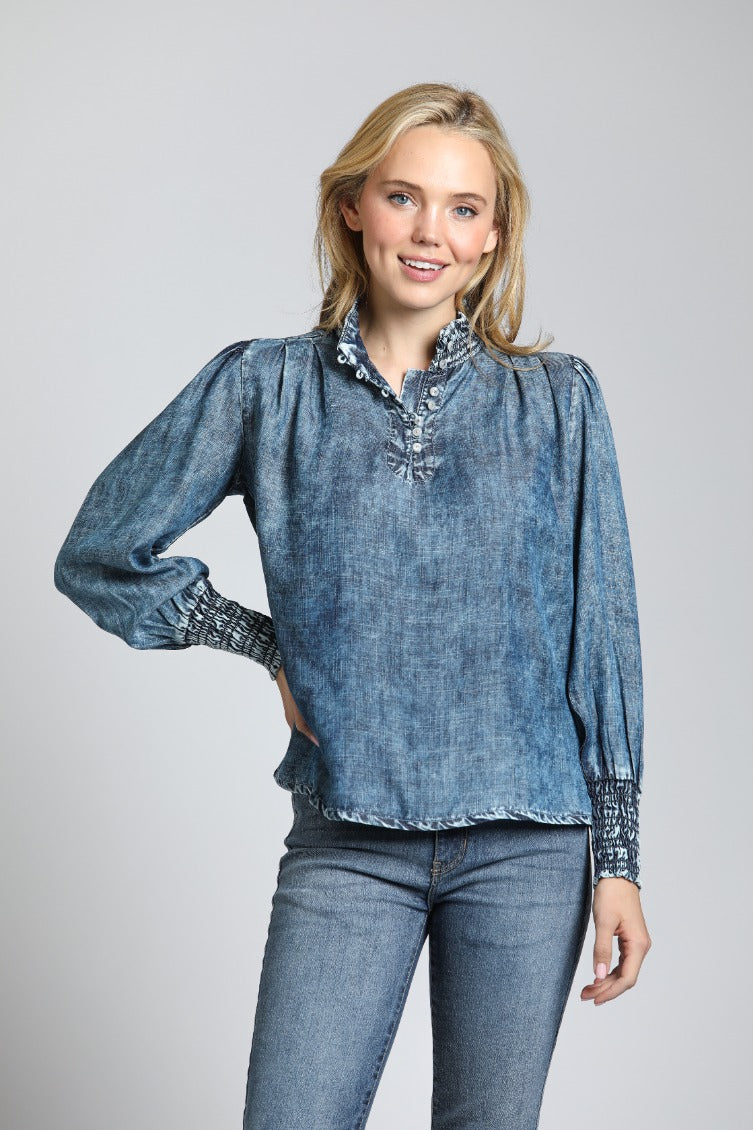 Moon Wash Top With Ruched Collar & Cuffs | front side