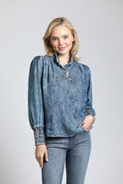 Moon Wash Top With Ruched Collar & Cuffs | front side