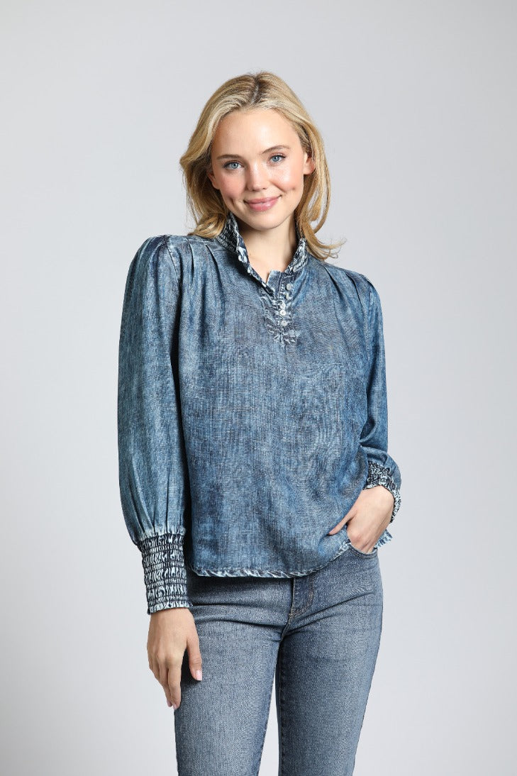 Moon Wash Top With Ruched Collar & Cuffs | front side