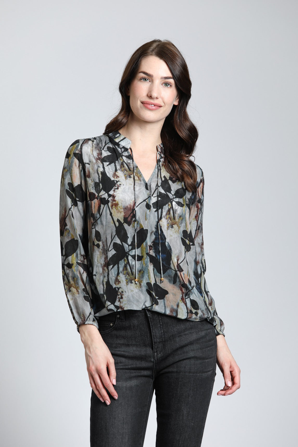 Painterly Leaves Print - Crossover Top With Tassel | front side