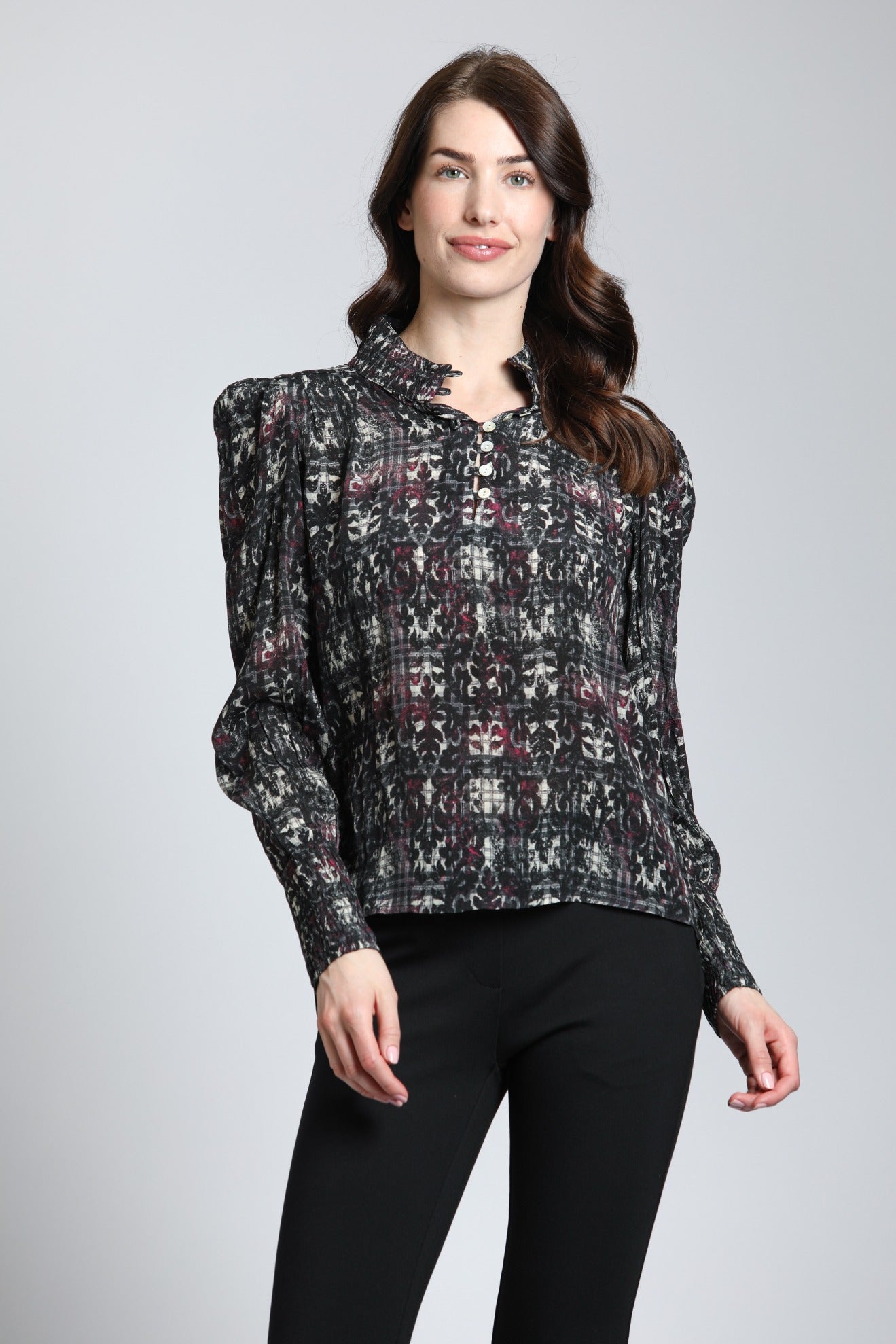 Oriental Plaid Print - Puff Sleeve Blouse With Ruched Detail | front side