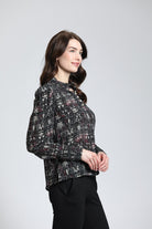 Oriental Plaid Print - Puff Sleeve Blouse With Ruched Detail | right side