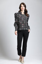 Oriental Plaid Print - Puff Sleeve Blouse With Ruched Detail