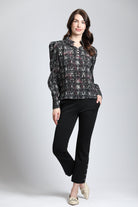 Oriental Plaid Print - Puff Sleeve Blouse With Ruched Detail