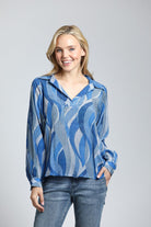 Marine Wave Print - Half Plaket Pullover Blouse | front side