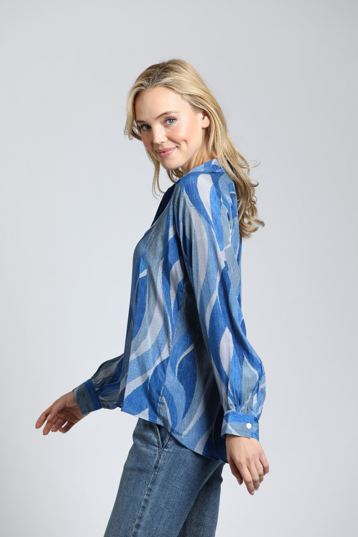 Marine Wave Print - Half Plaket Pullover Blouse | left side