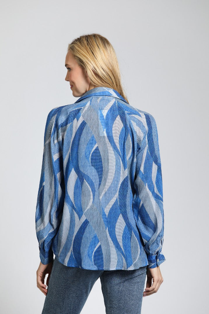 Marine Wave Print - Half Plaket Pullover Blouse | back side