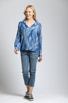 Marine Wave Print - Half Plaket Pullover Blouse | Full