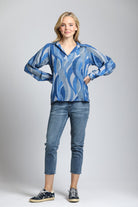 Marine Wave Print - Half Plaket Pullover Blouse