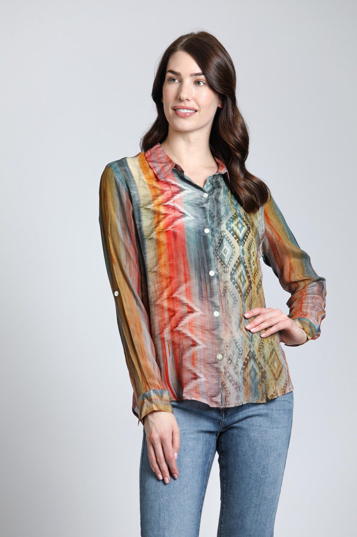 MultiColor Waves & Rhombus Print- Button Up Top | front side 