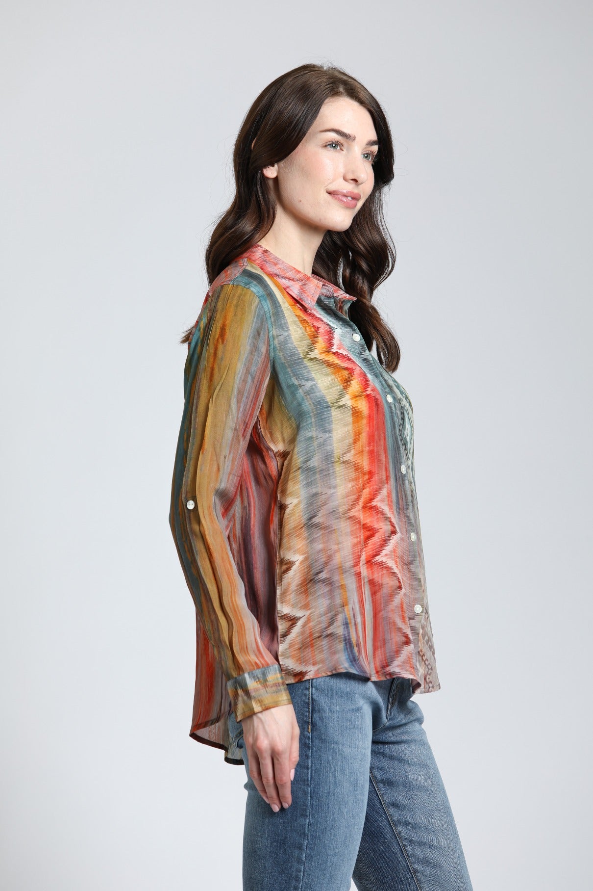 MultiColor Waves & Rhombus Print- Button Up Top | right side