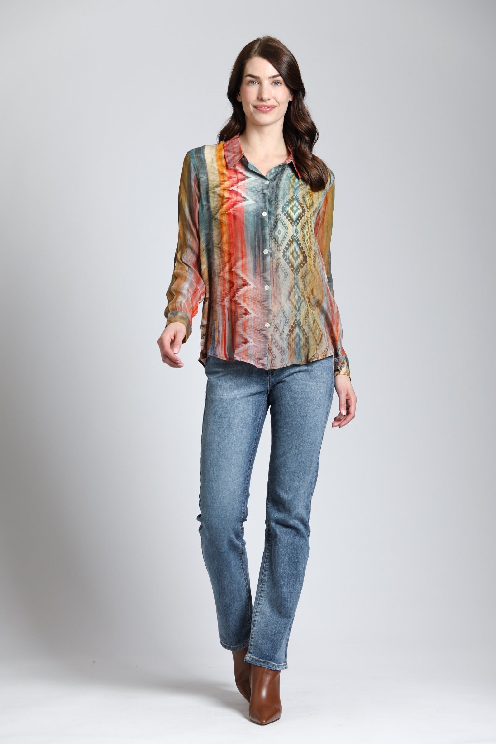 MultiColor Waves & Rhombus Print- Button Up Top