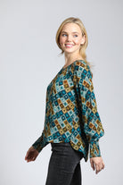 Retro Geometric Print - Pullover With Smocked Cuff | left side