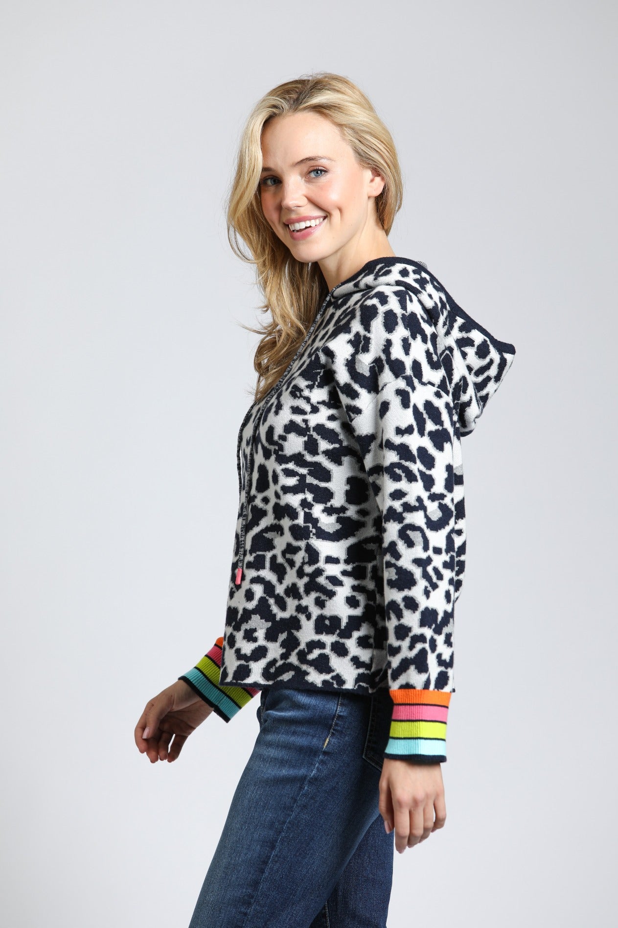 Animal Pattern Hoodie with Colorful Cuffs | left side