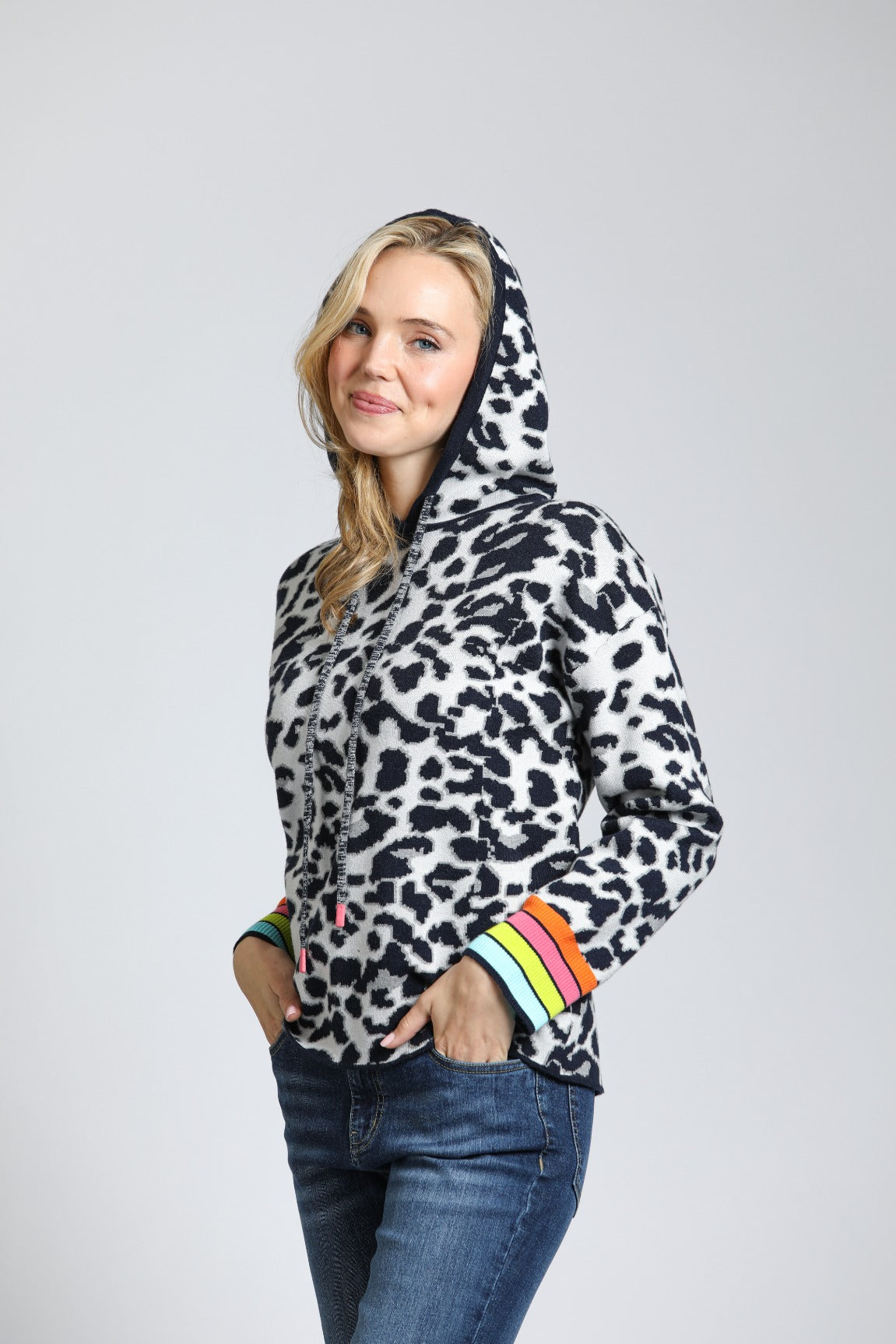 Animal Pattern Hoodie with Colorful Cuffs | front side