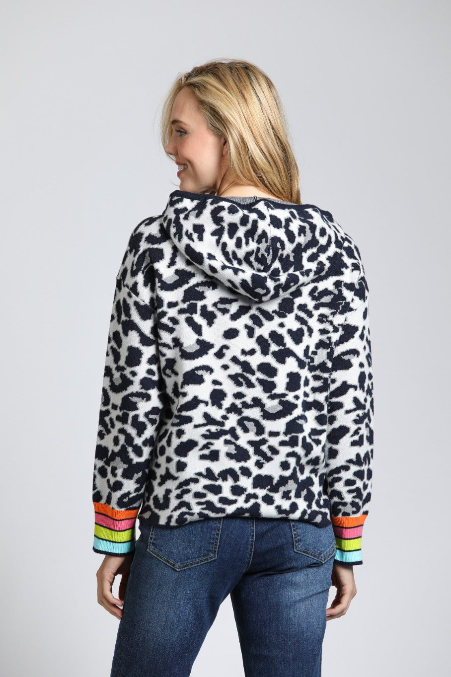 Animal Pattern Hoodie with Colorful Cuffs | back side