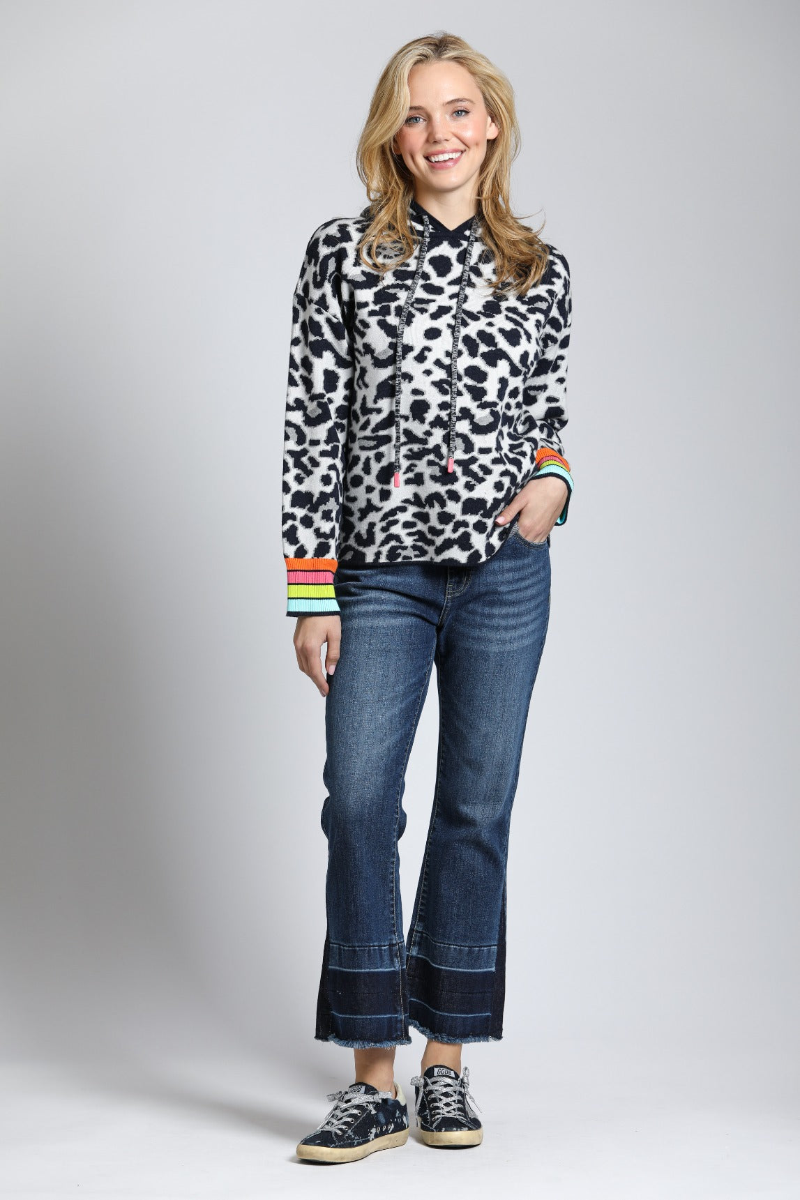 Animal Pattern Hoodie with Colorful Cuffs | full side