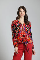 Colorful Ethnic Tribal Print - V Neck Tie Front Top | front side