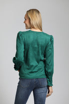 Puff Sleeve Vegan Leather Top With Ruffle Placket | back side