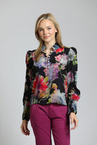 Colorful Painted Bloom Print  Puff Sleeve Blouse | front side