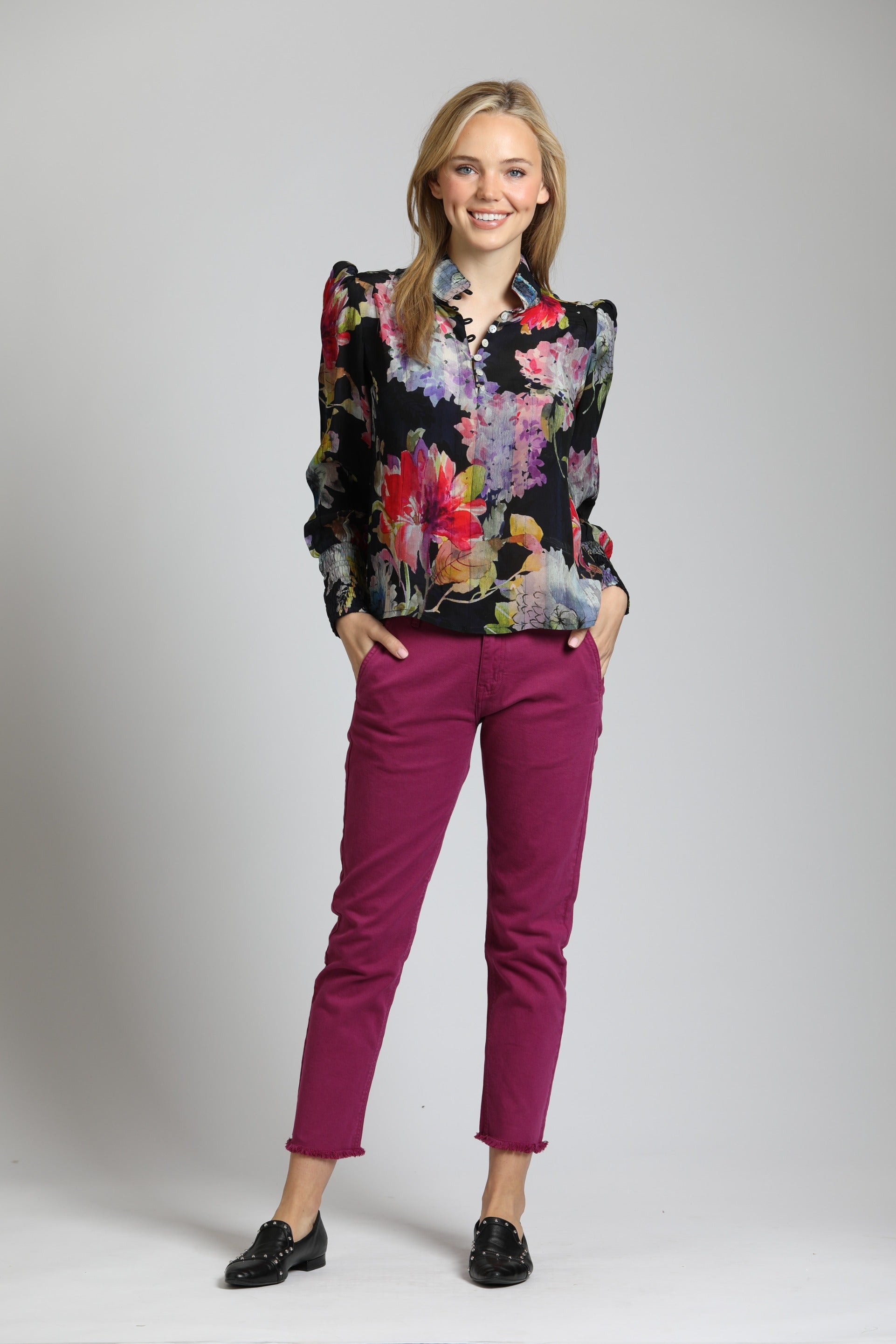 Colorful Painted Bloom Print Puff Sleeve Blouse | full