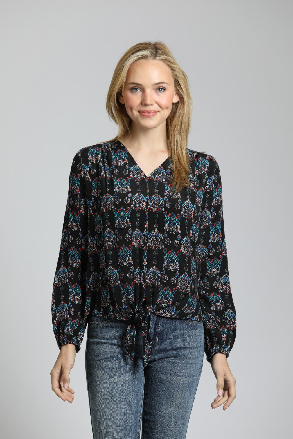  V Neck  Front Tie Top with Ornamental Medallion Print | front side