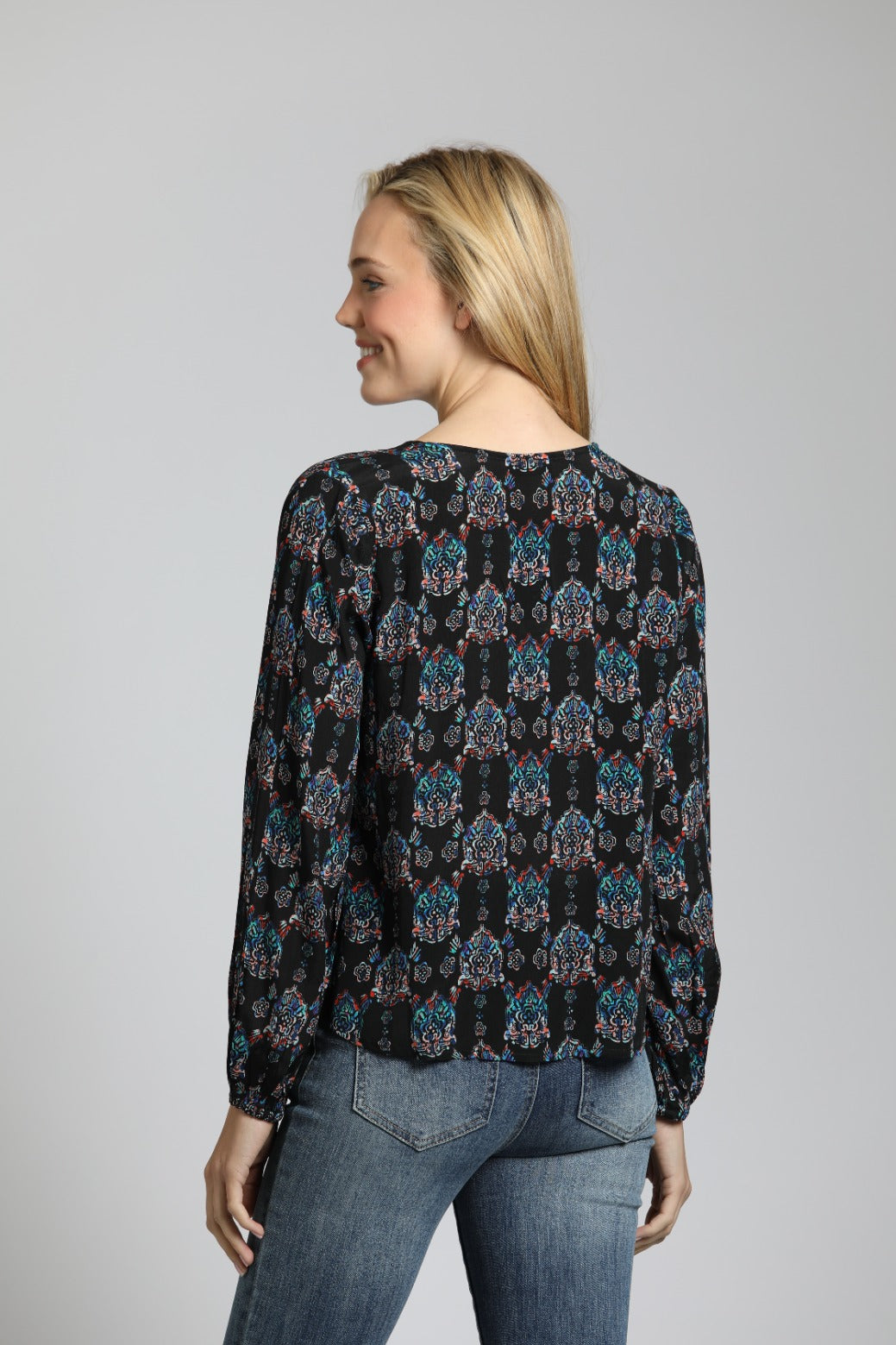  V Neck  Front Tie Top with Ornamental Medallion Print | back side