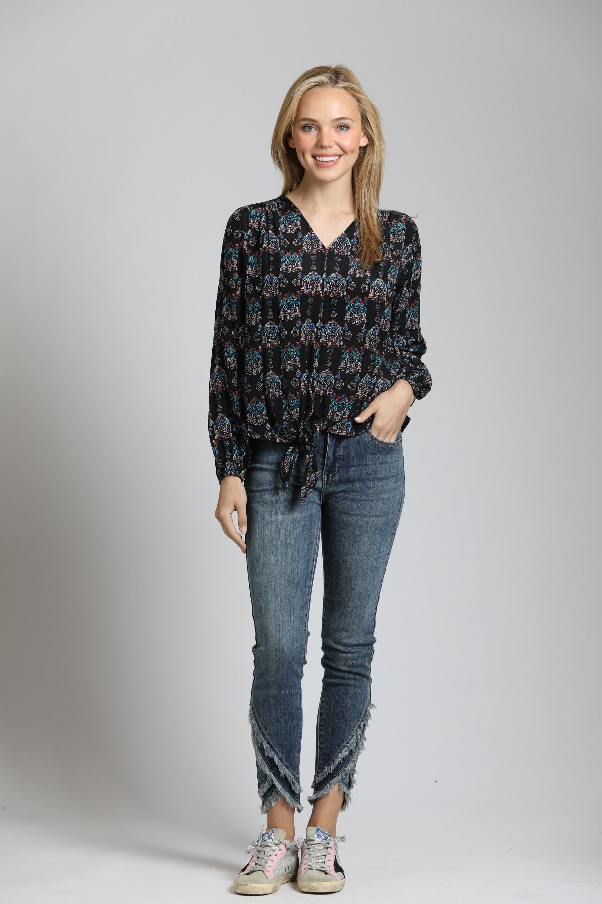  V Neck Front Tie Top with Ornamental Medallion Print |
 front side