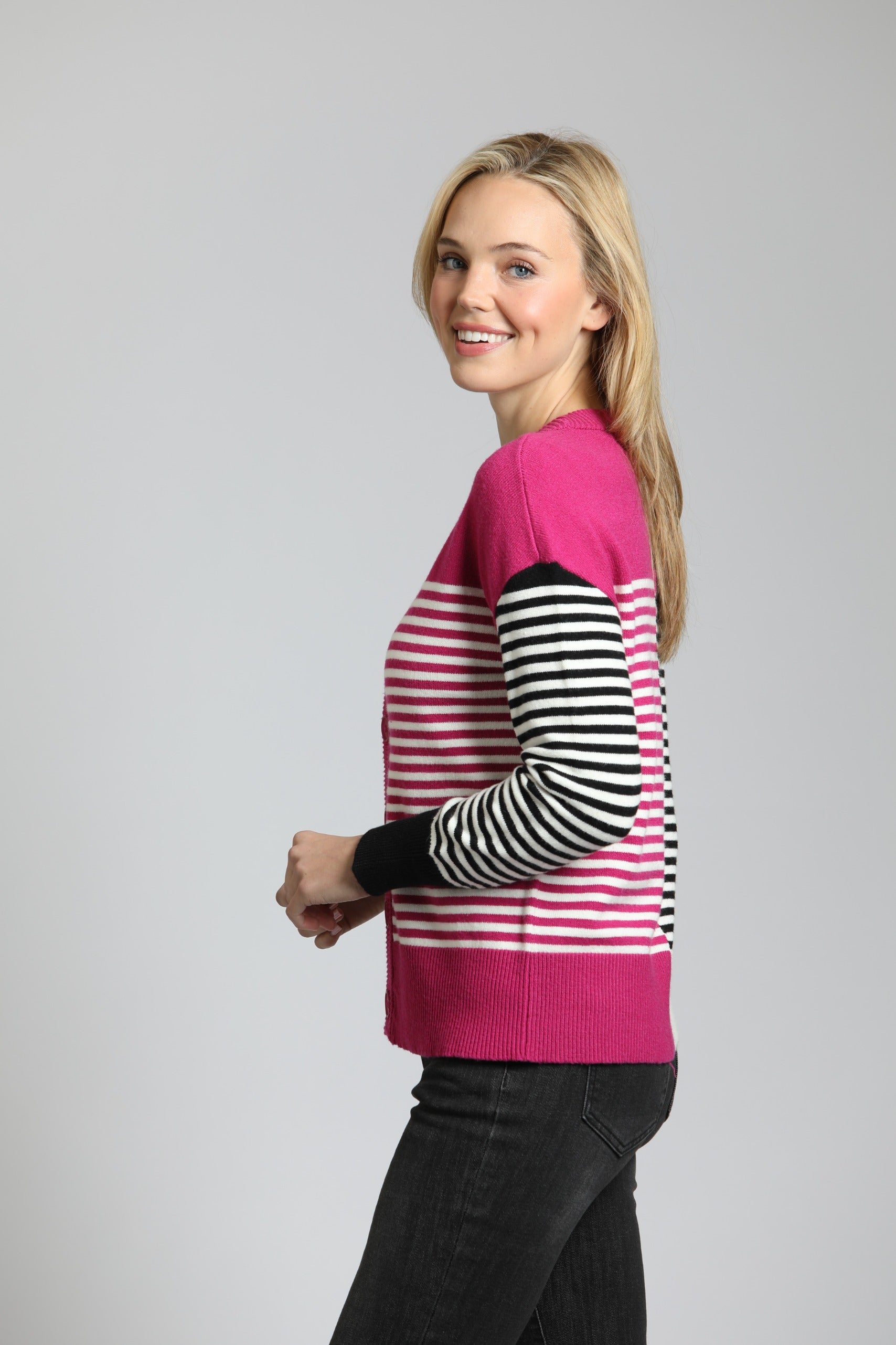 Color Block Cardigan With Whip Stitch Detail | left side