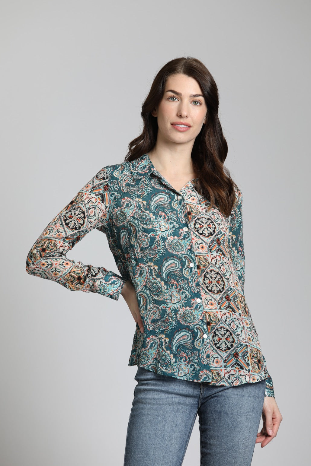 Patchwork Two Tone Paisley With Geo Print - Button Up Top | front side