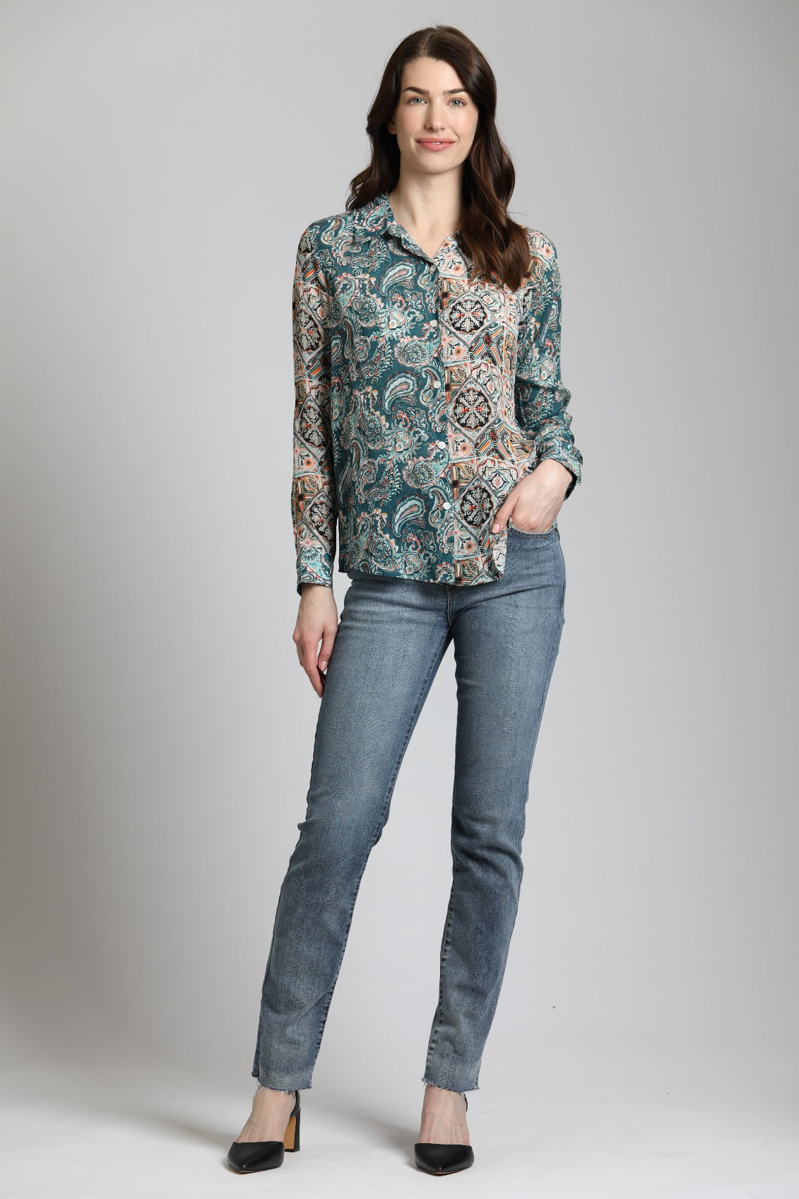 Patchwork Two Tone Paisley With Geo Print - Button Up Top | front side