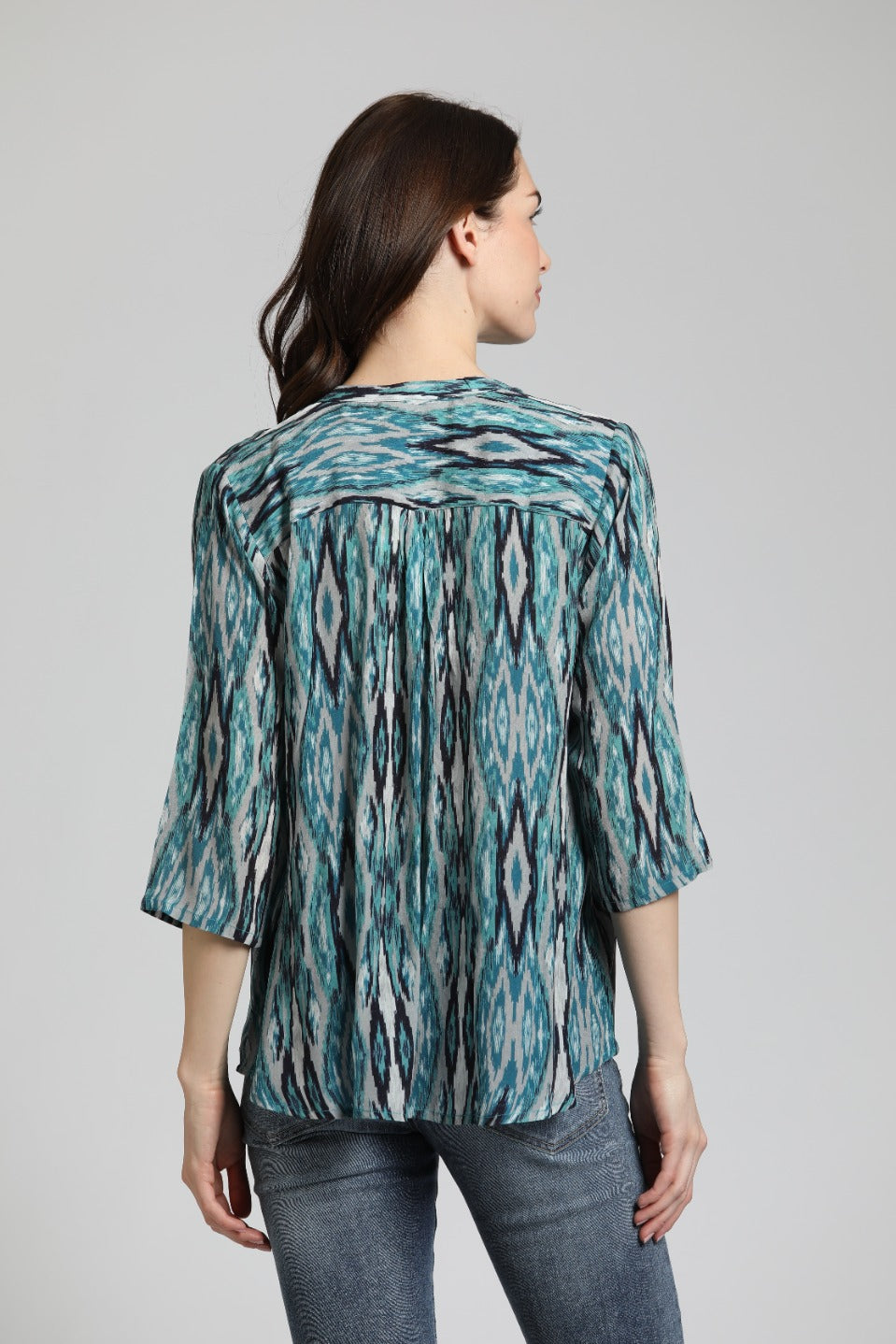 Abstract Ikat Print - V Neck With Tassel | back side