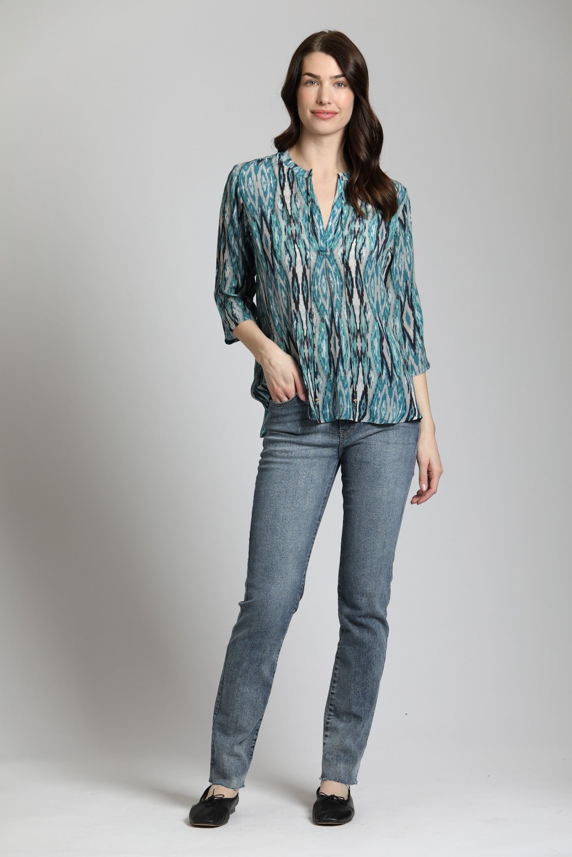 Abstract Ikat Print - V Neck With Tassel