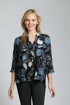 Modern Cerulean Bloom - V Neck With Tassel | front side