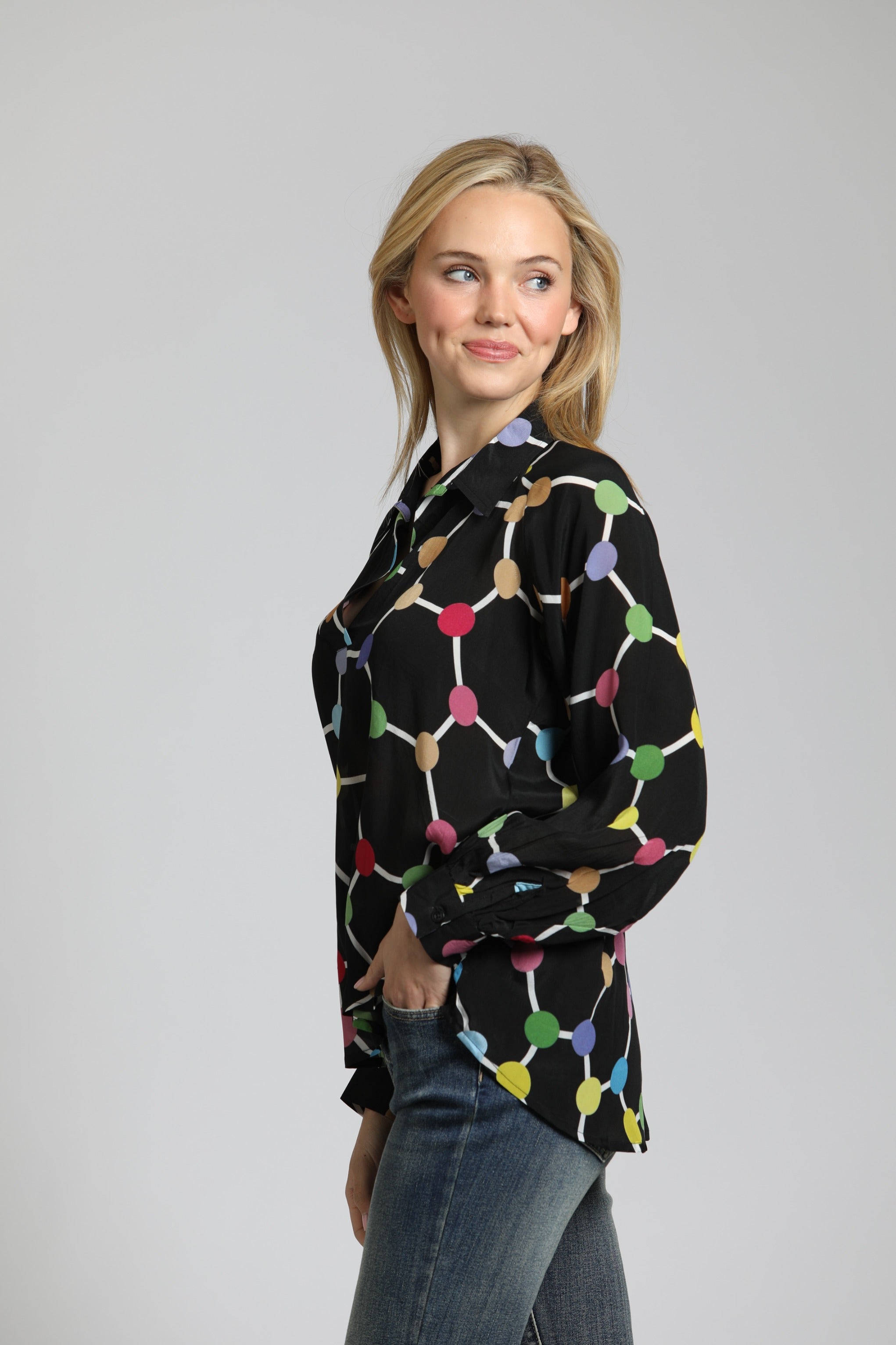 Colorful Dots Print - Half Plaket Pullover Blouse | left side