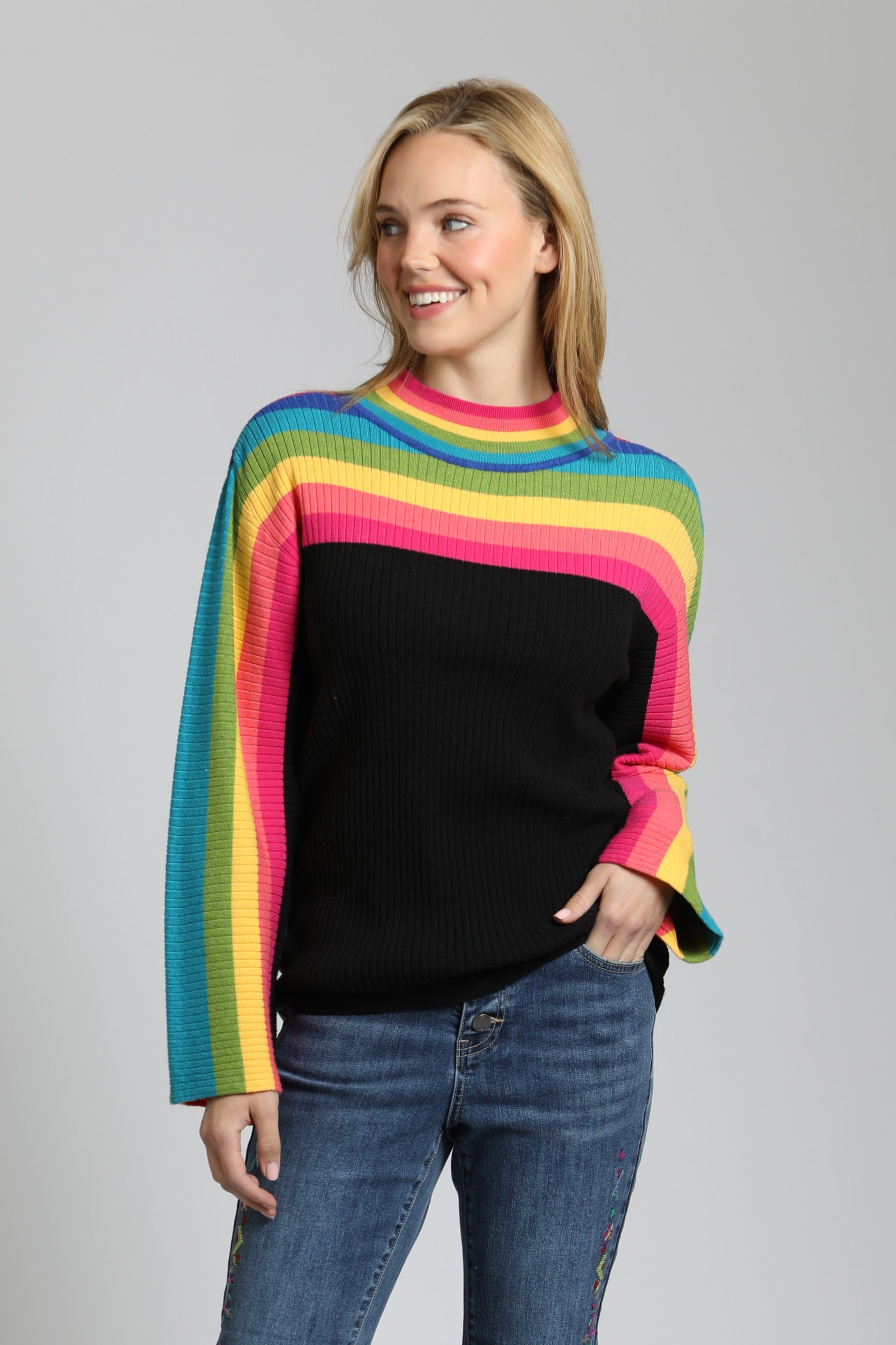 Rainbow Striped Funnel Neck Sweater | front side