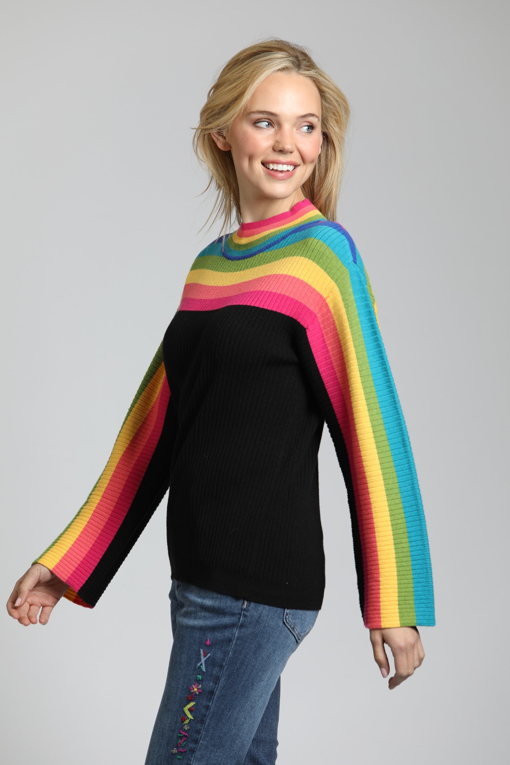 Rainbow Striped Funnel Neck Sweater | left side